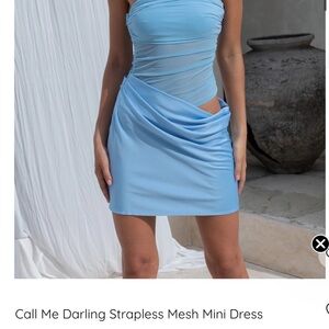 Strapless Light Blue Mesh Draped Mini Dress